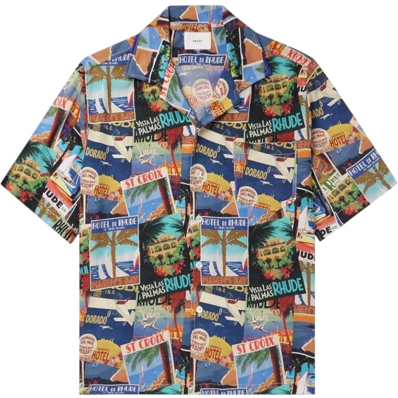 Rhude Postcard Silk Shirt Blue Multicolor