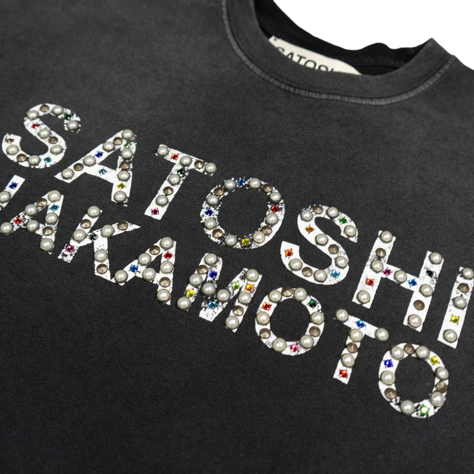 Satoshi Nakamoto Pearl Studded Logo Tee Washed Black