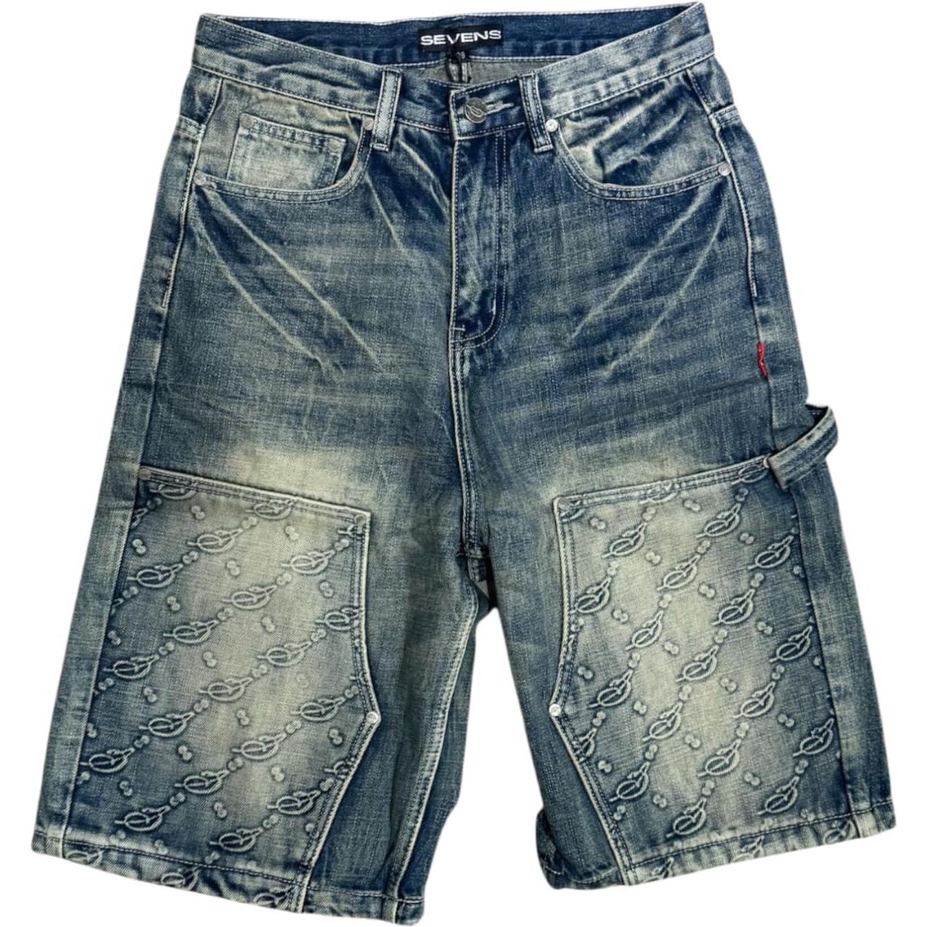 Triple Sevens Monogram Denim Shorts Blue