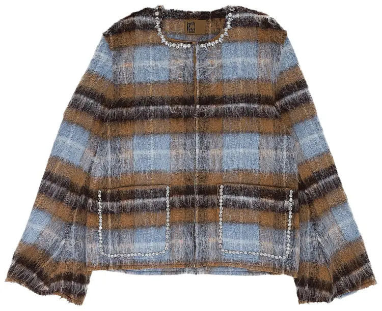 Birth Of Royal Child Rhinestone Pearl Mohair Bomber Jacket Tan