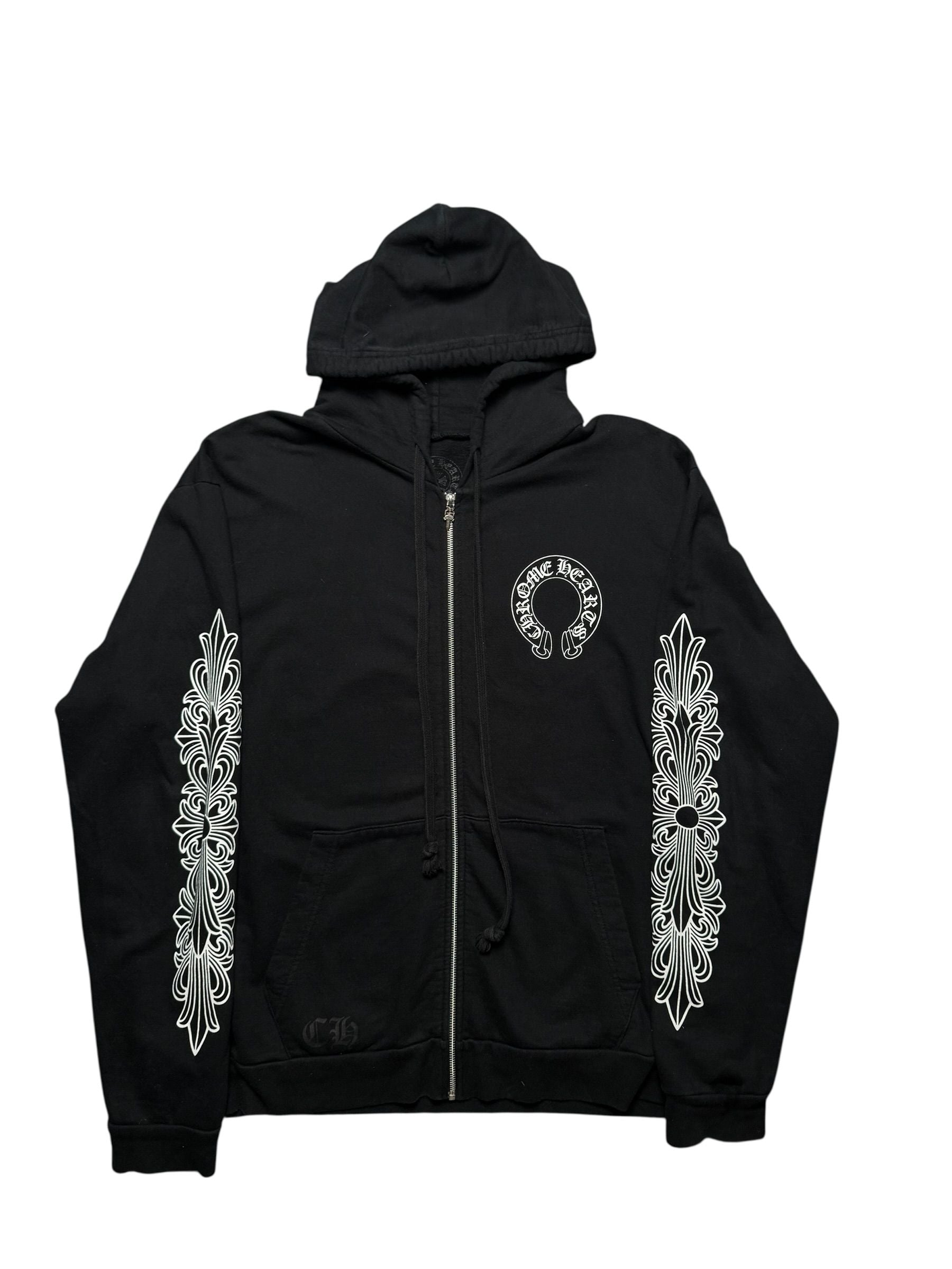 Chrome Hearts Horseshoe Floral Cross Sleeve Zip Up Hoodie Black/White