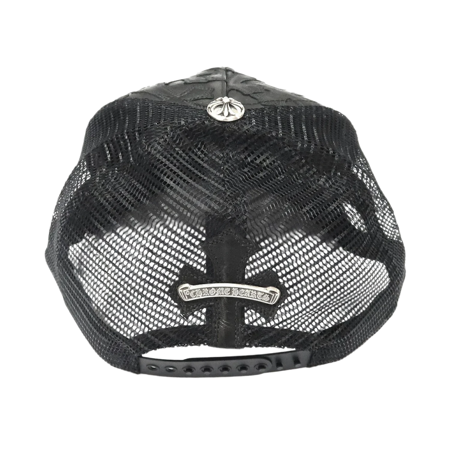 Chrome Hearts Cemetery Cross Leather Stitched Trucker Hat Black