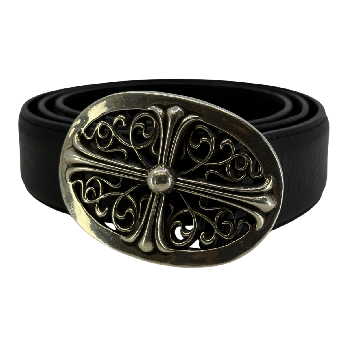 Chrome Hearts Silver Oval Cross Leather Belt Black