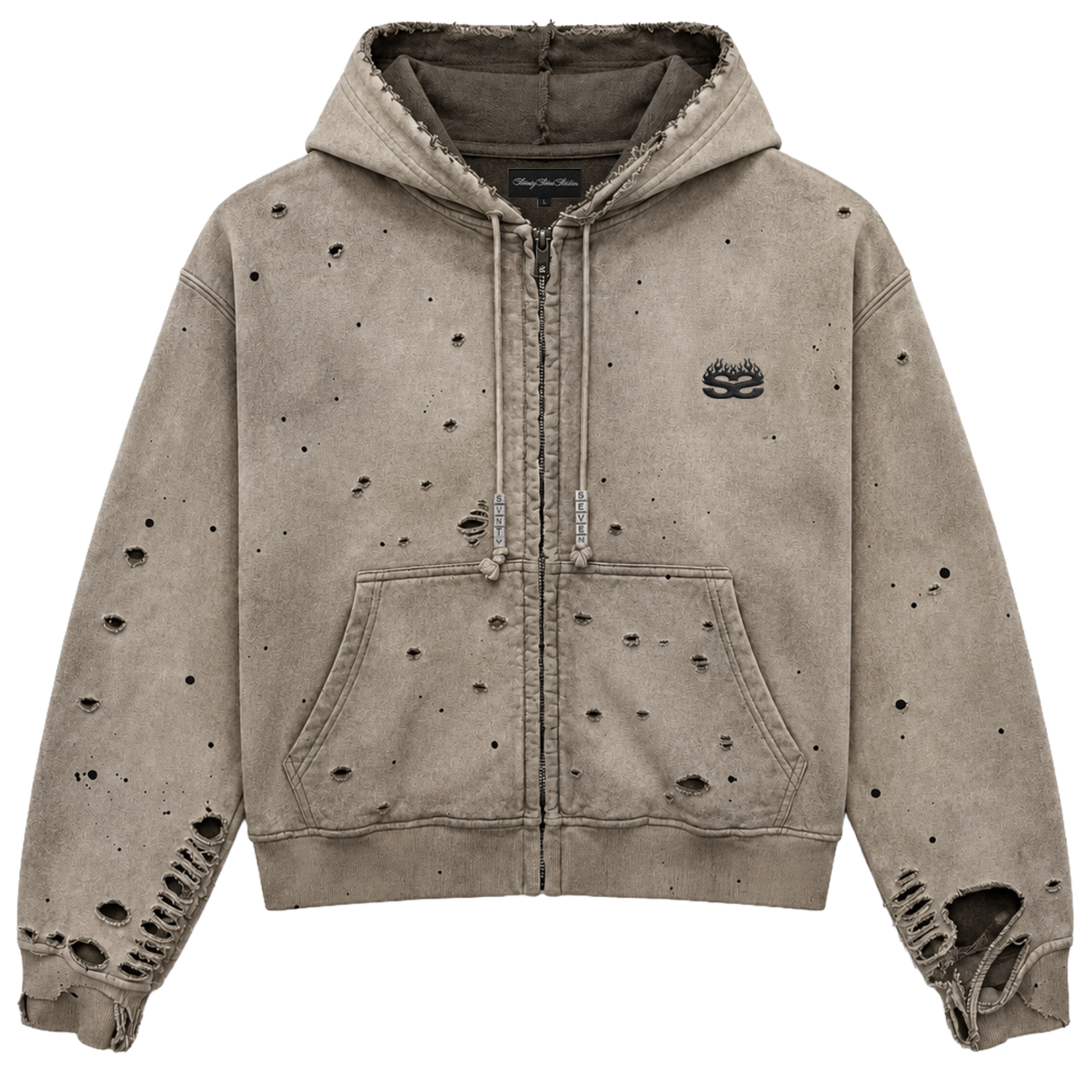 77 Studios Charm Zip Up Distressed Hoodie