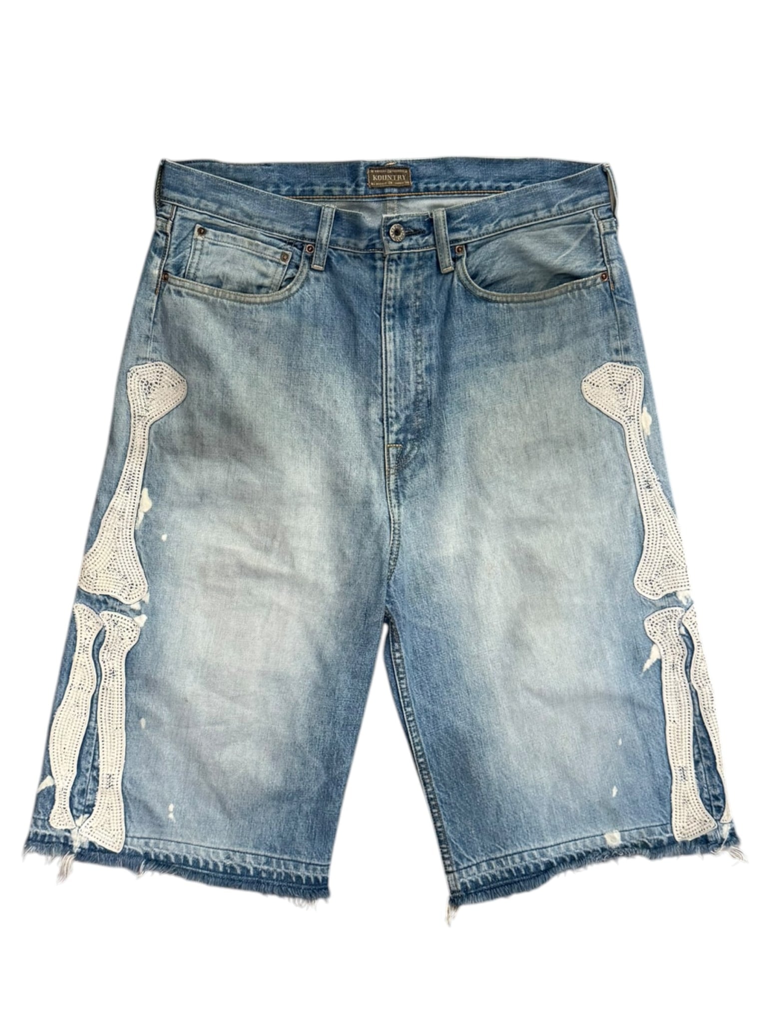 Kapital Bone Embroidered Denim Shorts Blue