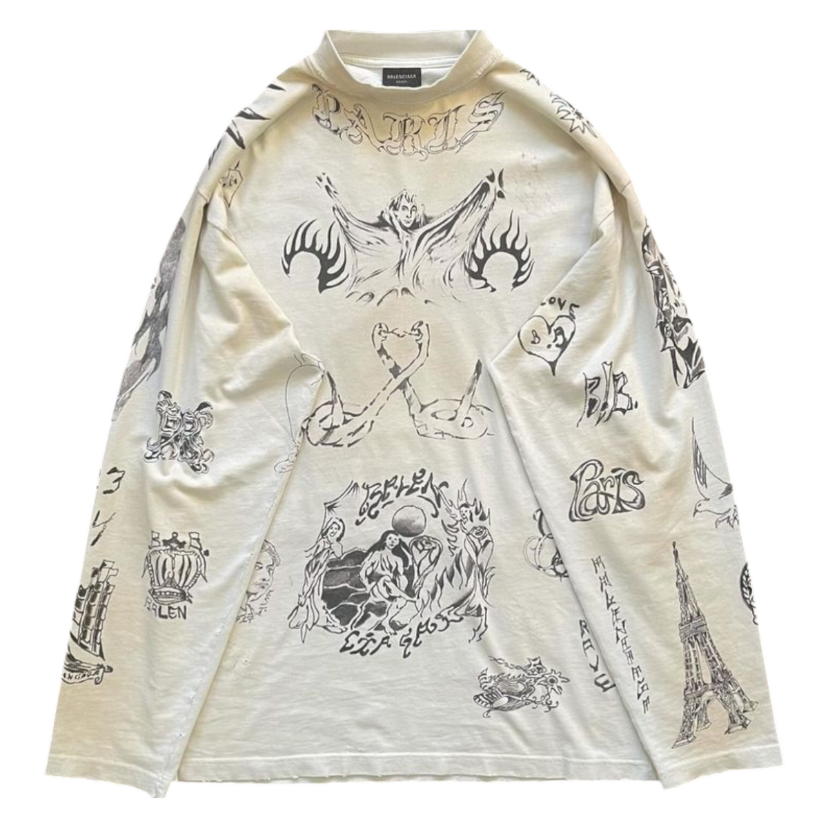 Balenciaga Tattoo Distressed Long Sleeve Cotton Graphic L/S T-Shirt