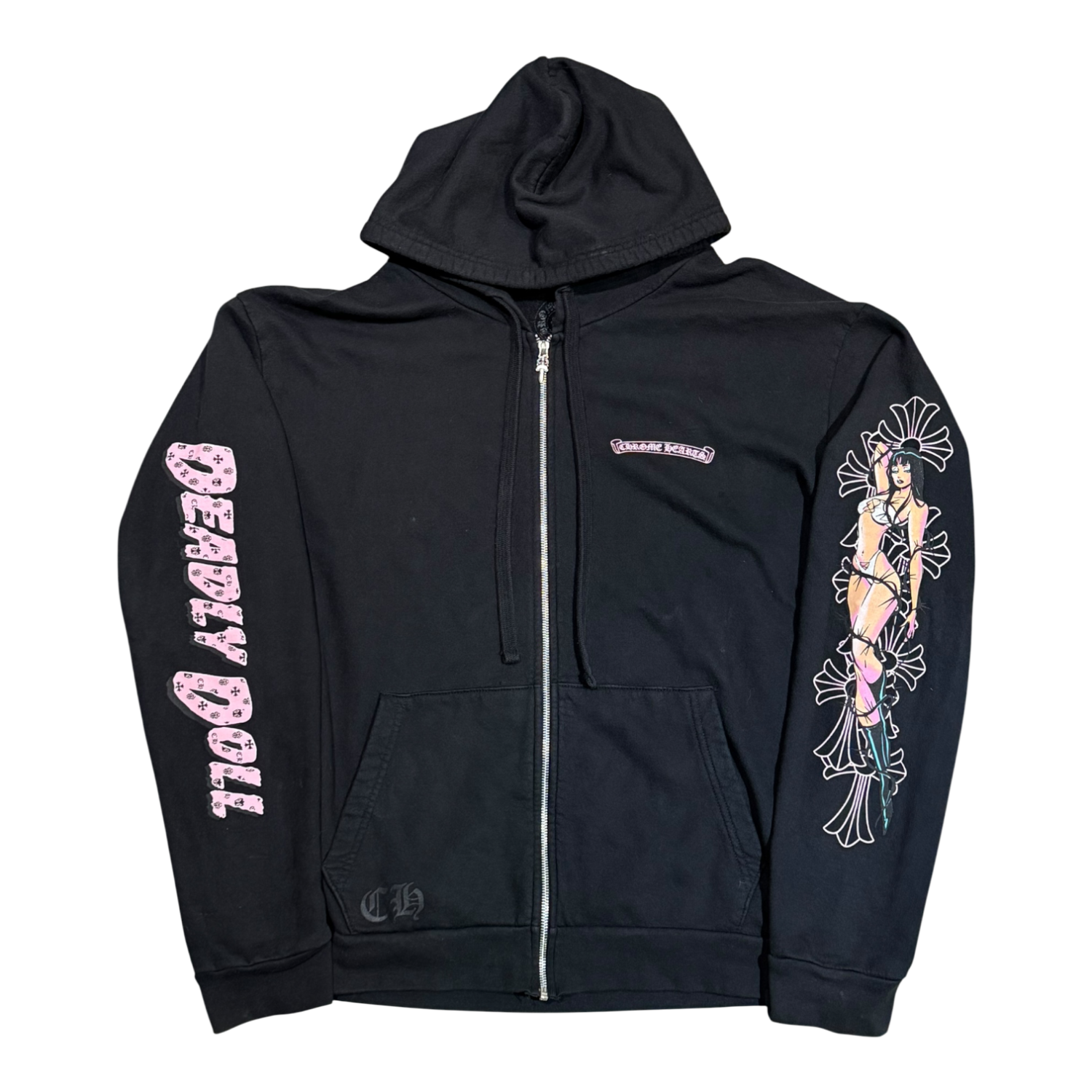 Chrome Hearts Deadly Doll Pink Cross Scroll Logo Zip Up Hoodie