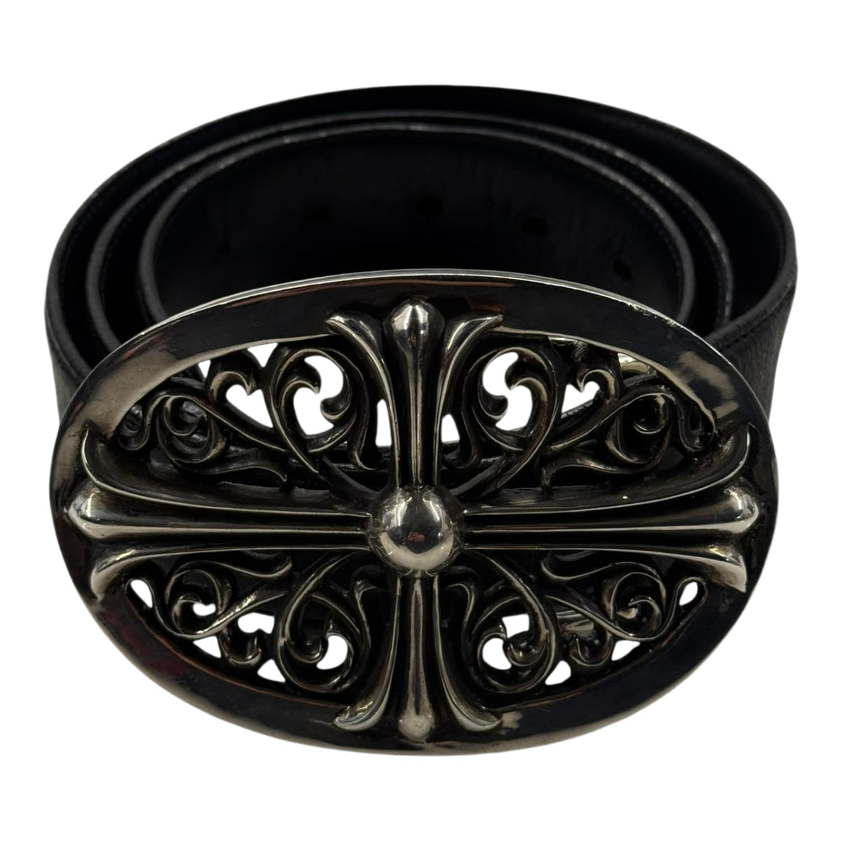 Chrome Hearts Silver XXL Oval Cross Leather Belt Black