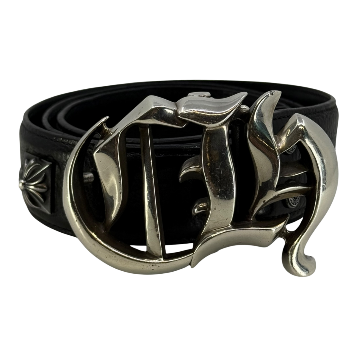 Chrome Hearts Silver CH Pyramid Cross Studded Leather Belt Black