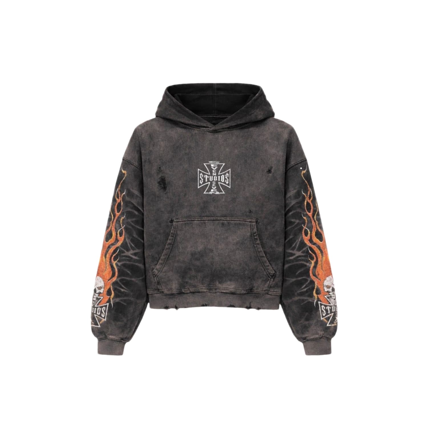 77 Studios Bones Flame Distressed Hoodie Grey