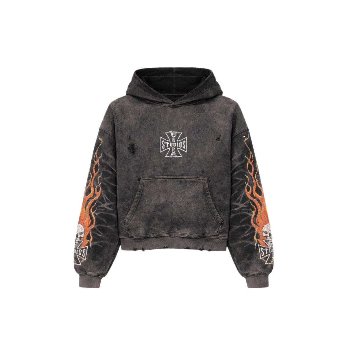 77 Studios Bones Flame Distressed Hoodie Grey