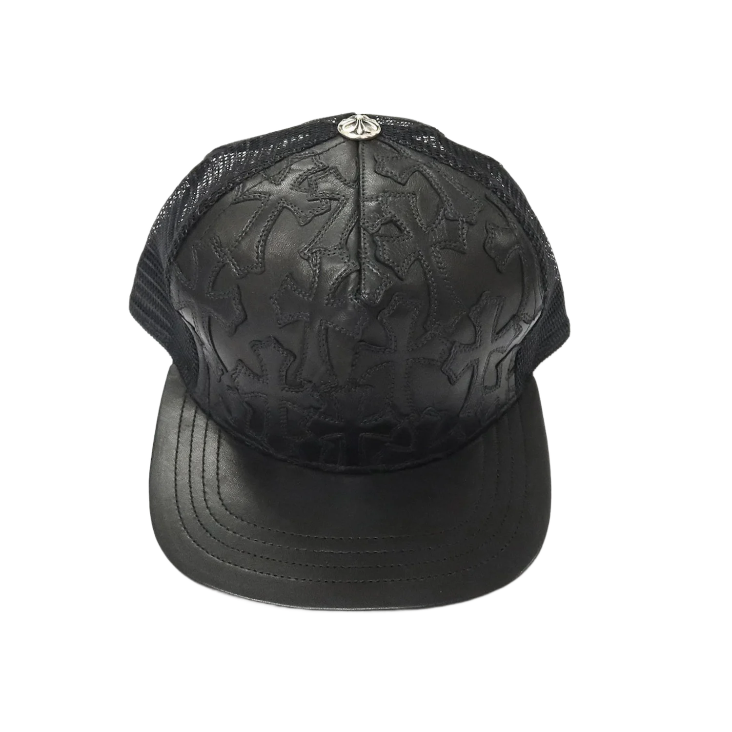 Chrome Hearts Cemetery Cross Leather Stitched Trucker Hat Black