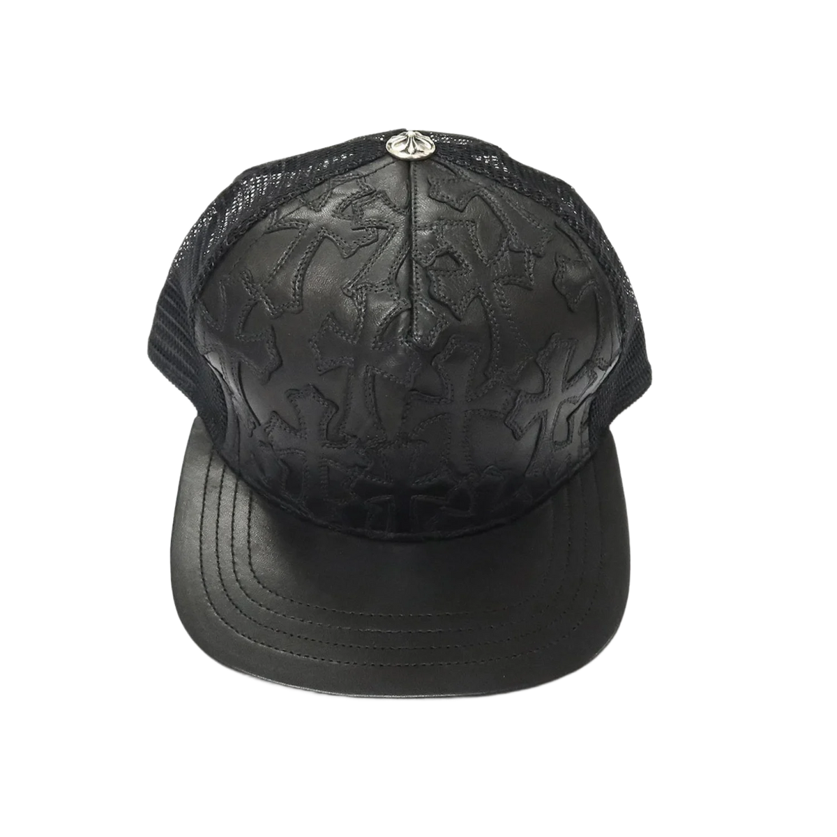 Chrome Hearts Cemetery Cross Leather Stitched Trucker Hat Black