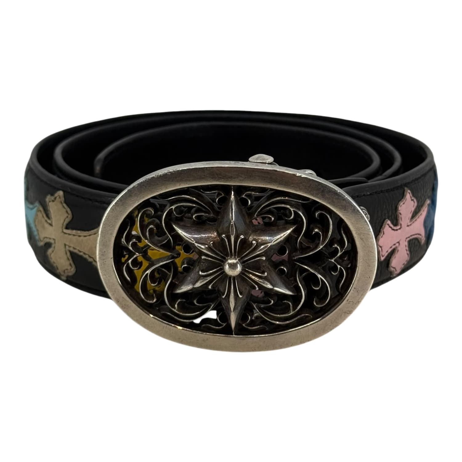 Chrome Hearts Silver Oval Star Multicolor Leather Cross Patch Belt - Size 36