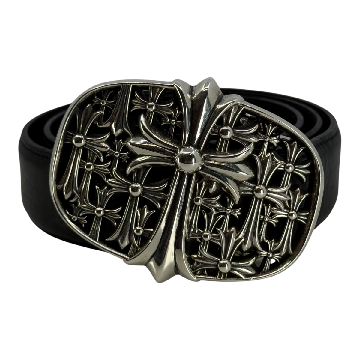 Chrome Hearts Silver Cemetery Cross Leather Belt Black