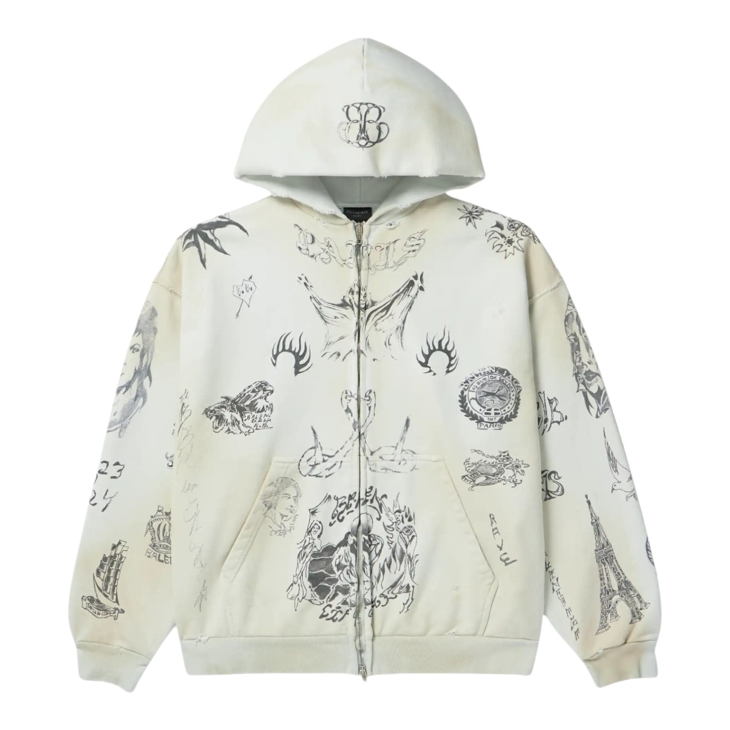 Balenciaga Tattoo Heavy Molleton Zip-up Hoodie