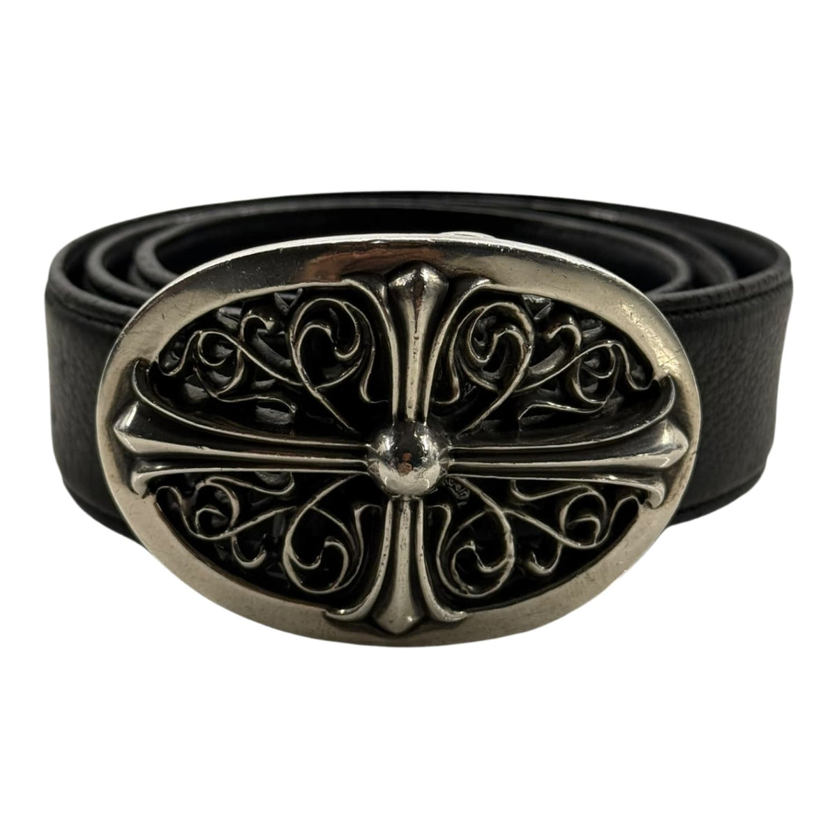 Chrome Hearts Silver Oval Cross Leather Belt Black