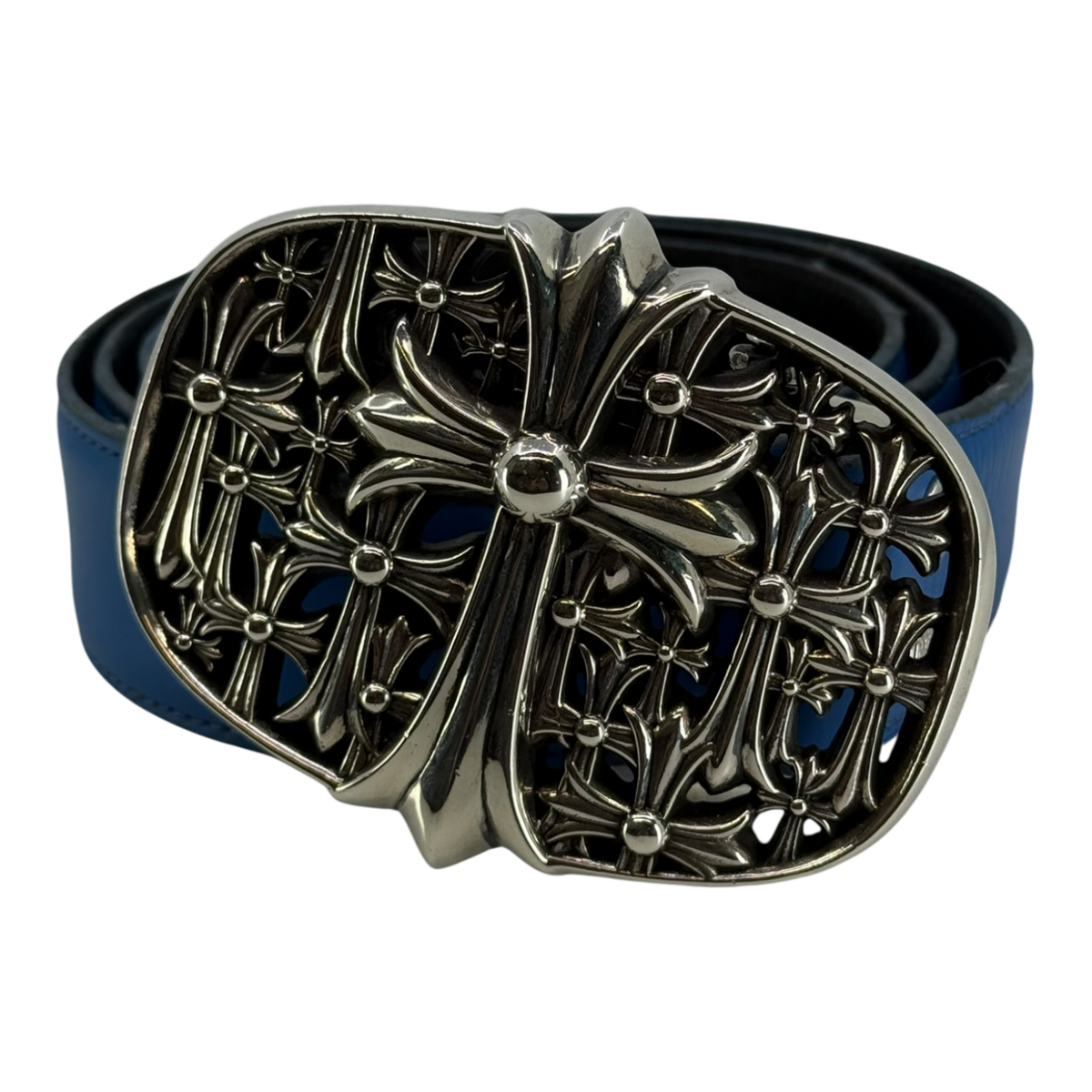 Chrome Hearts Silver Cemetery Cross Leather Belt Blue