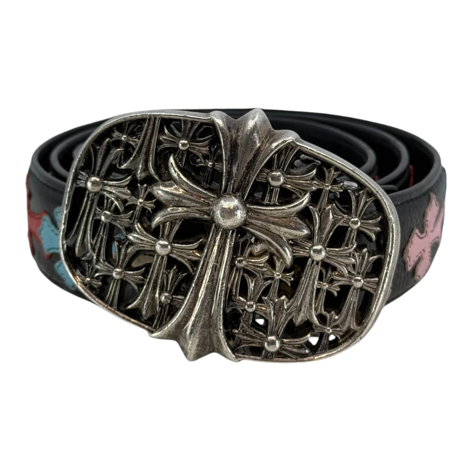 Chrome Hearts Silver Cemetery Cross Multicolor Leather Cross Patch Belt - Size 36