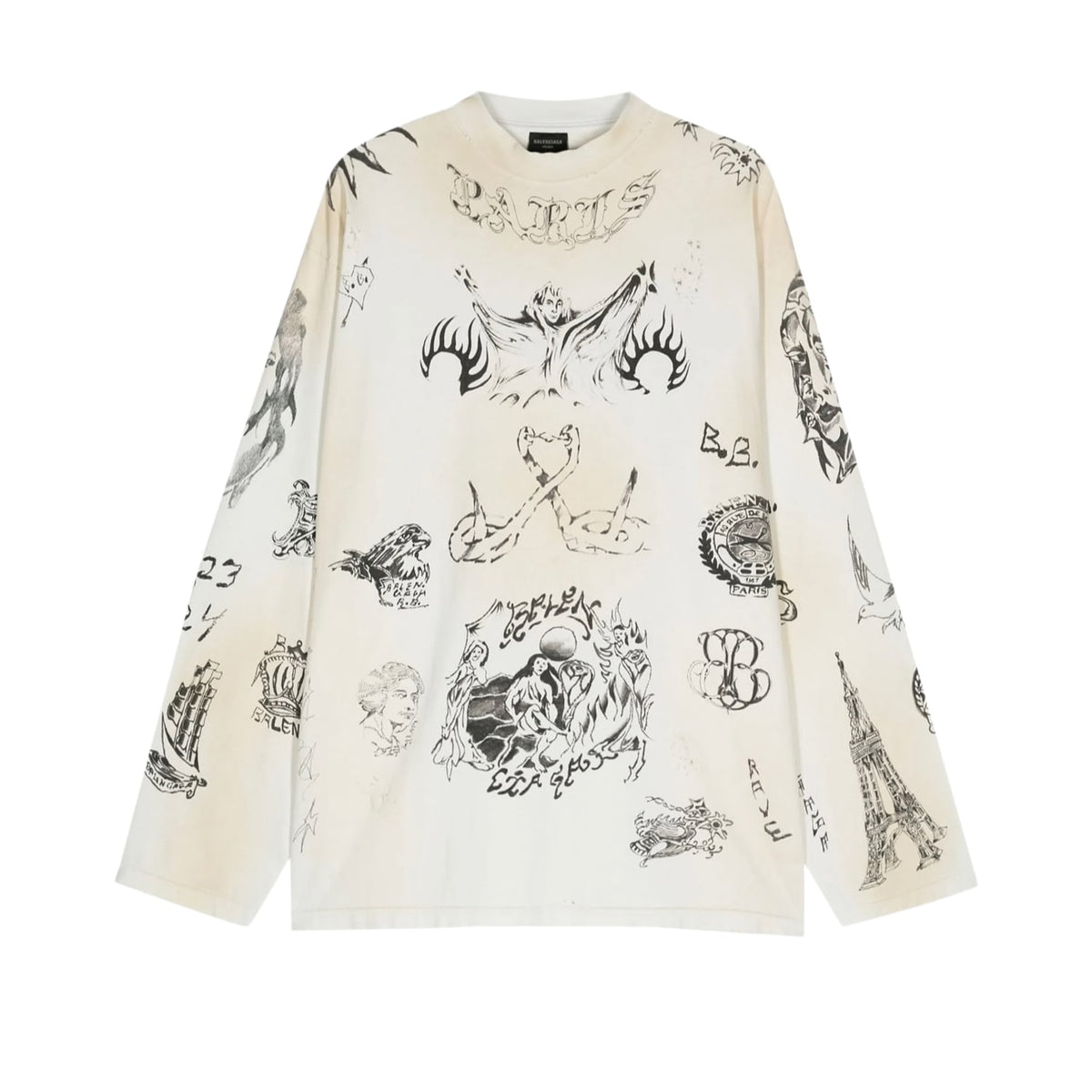 Balenciaga Tattoo Distressed Long Sleeve Cotton Graphic L/S T-Shirt