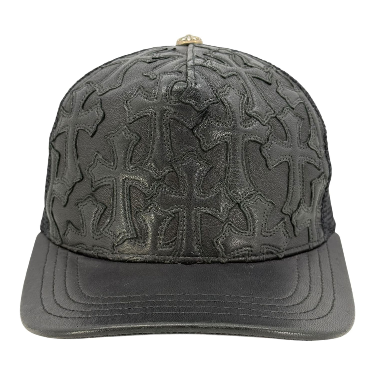 Chrome Hearts Cemetery Cross Leather Stitched Trucker Hat Black