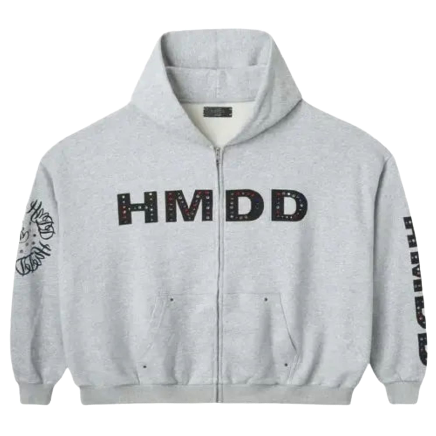 Happy Memories Don't Die HMDD Crystal Studded Zip Up Hoodie Grey
