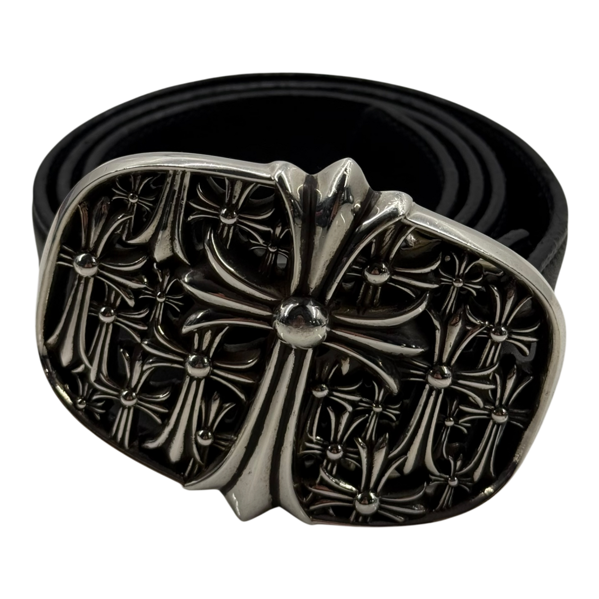 Chrome Hearts Silver Cemetery Cross Leather Belt Black