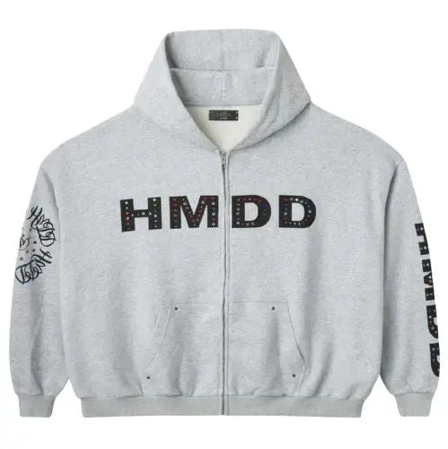 Happy Memories Don't Die HMDD Crystal Studded Zip Up Hoodie Grey