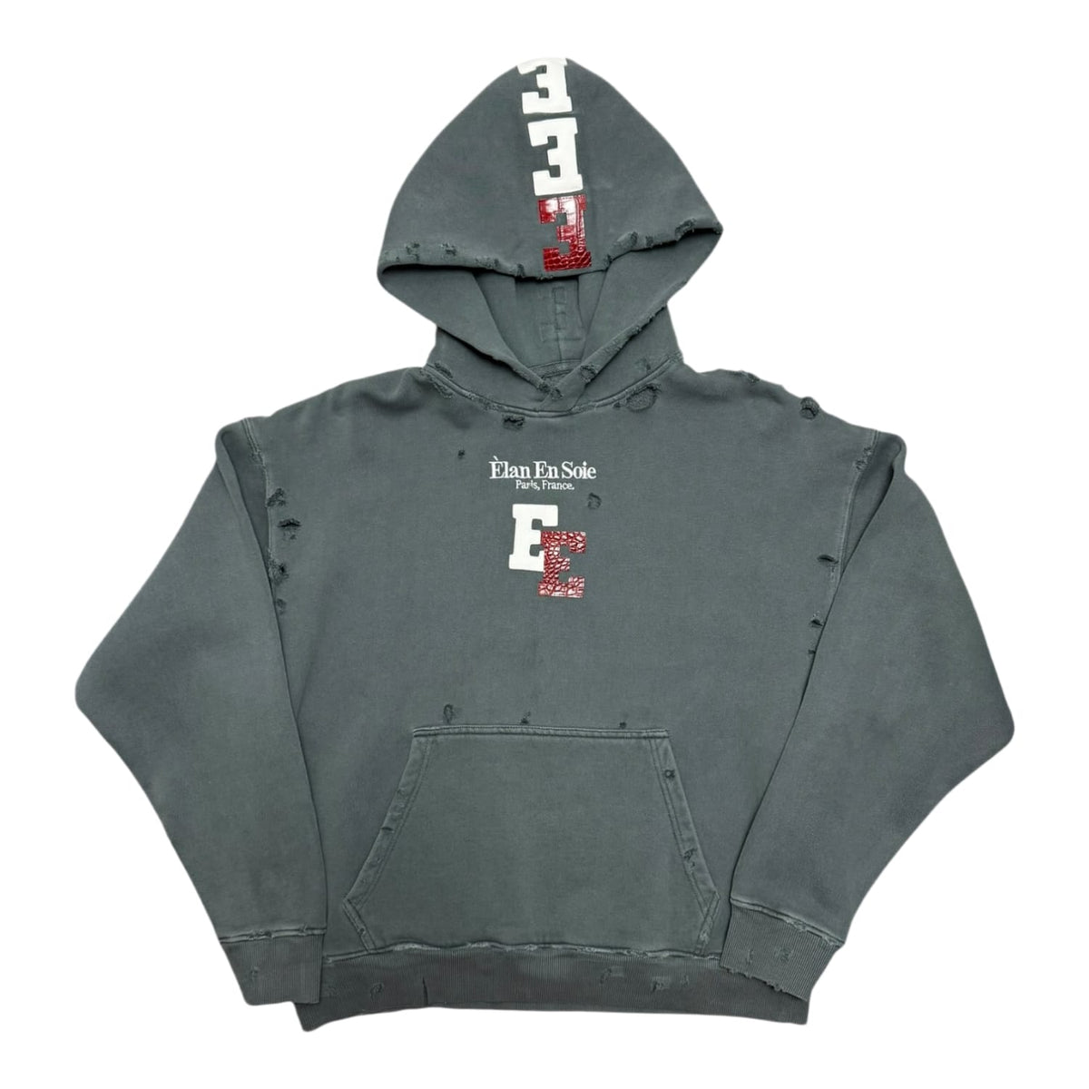 Èlan En Soie E Logo Crocodile Leather Patch Hoodie Blue Wash