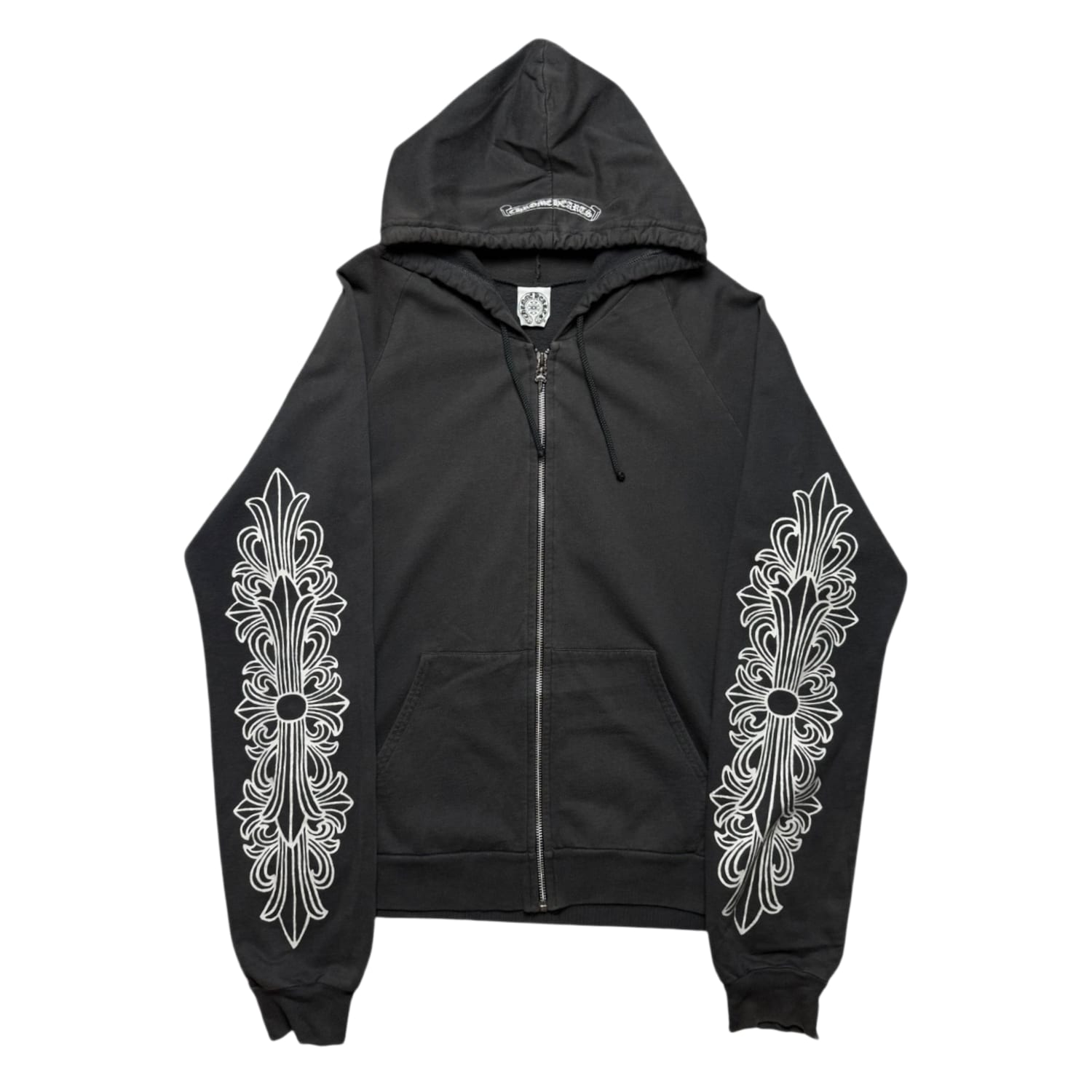 Chrome Hearts Vintage Floral Scroll Logo Zip Up Hoodie Grey