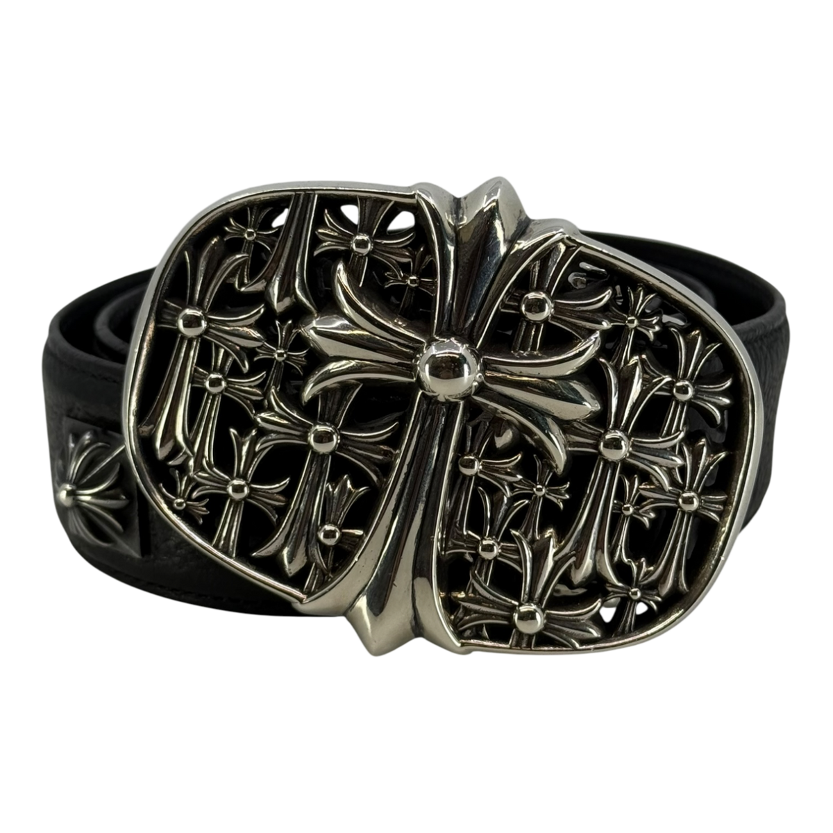 Chrome Hearts Silver Cemetery Cross Pyramid Studded Leather Belt Black
