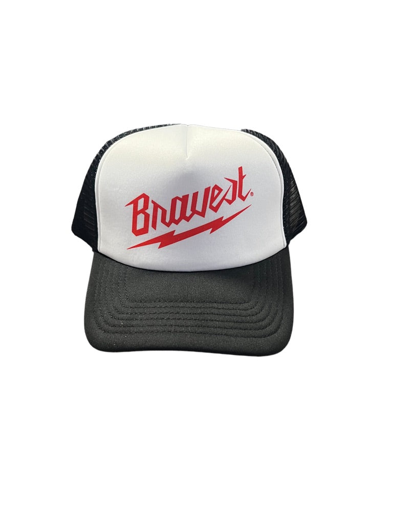 Bravest Studios Trucker Hat White, Black and Red Lightning